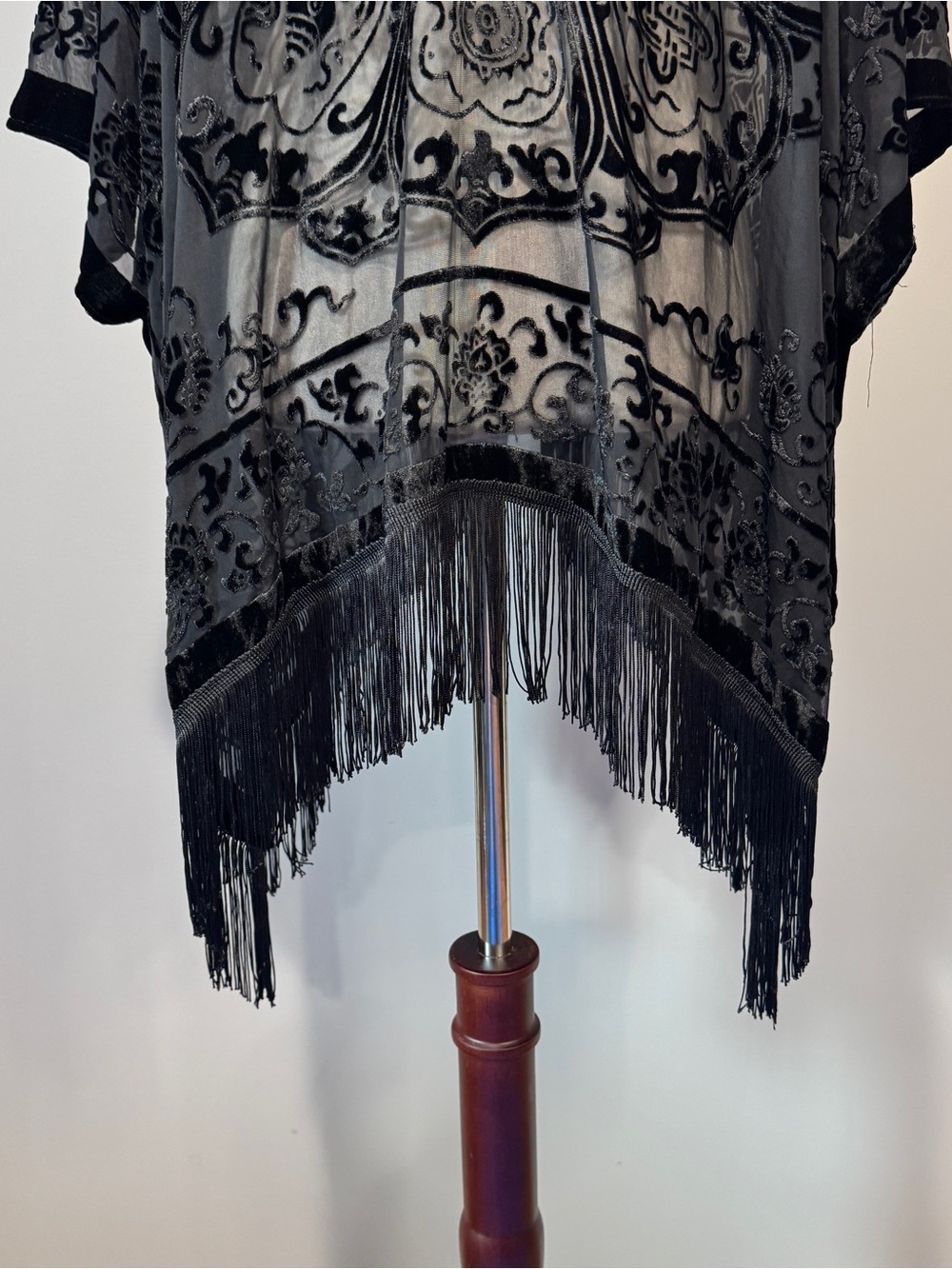 Mixit Black Velvet Burnout Sheer Fringe Kimono Wrap Whimsigoth Witchy One Size - Picture 12 of 15